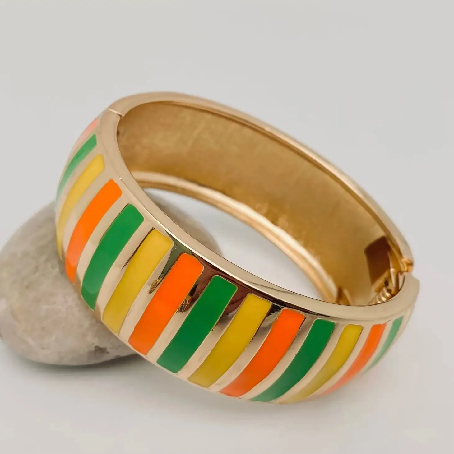 Multi-Color Striped Metal Hinged Bangle in Citrus