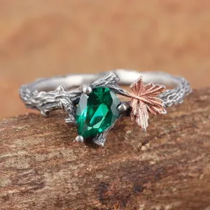 Natural Emerald Branch Engagement Ring, Gemstone Ring, Maple Leaf Sterling Silver Ring, unique Handmade Vine ring