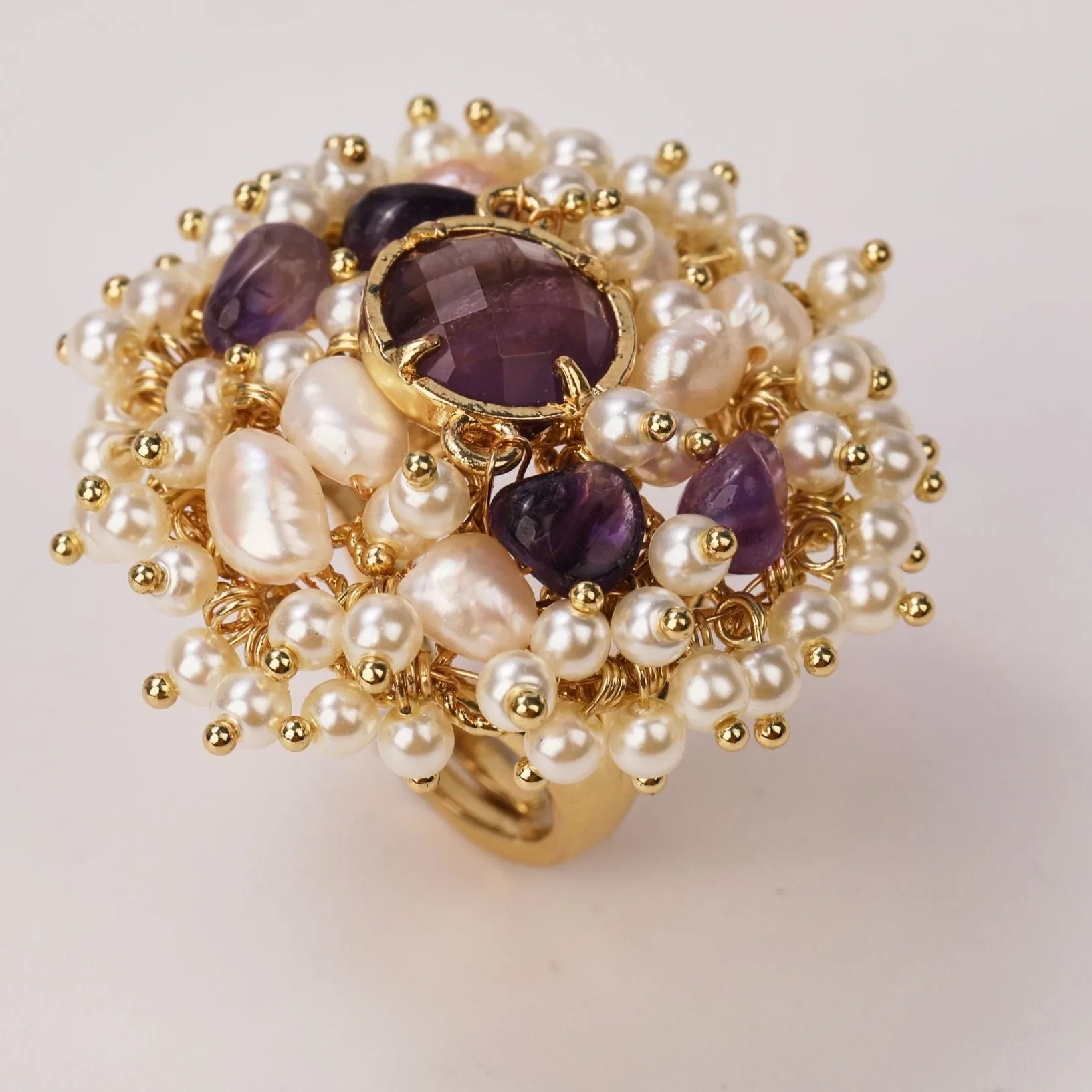 Natural Gemstone and Pearl Beads Ring