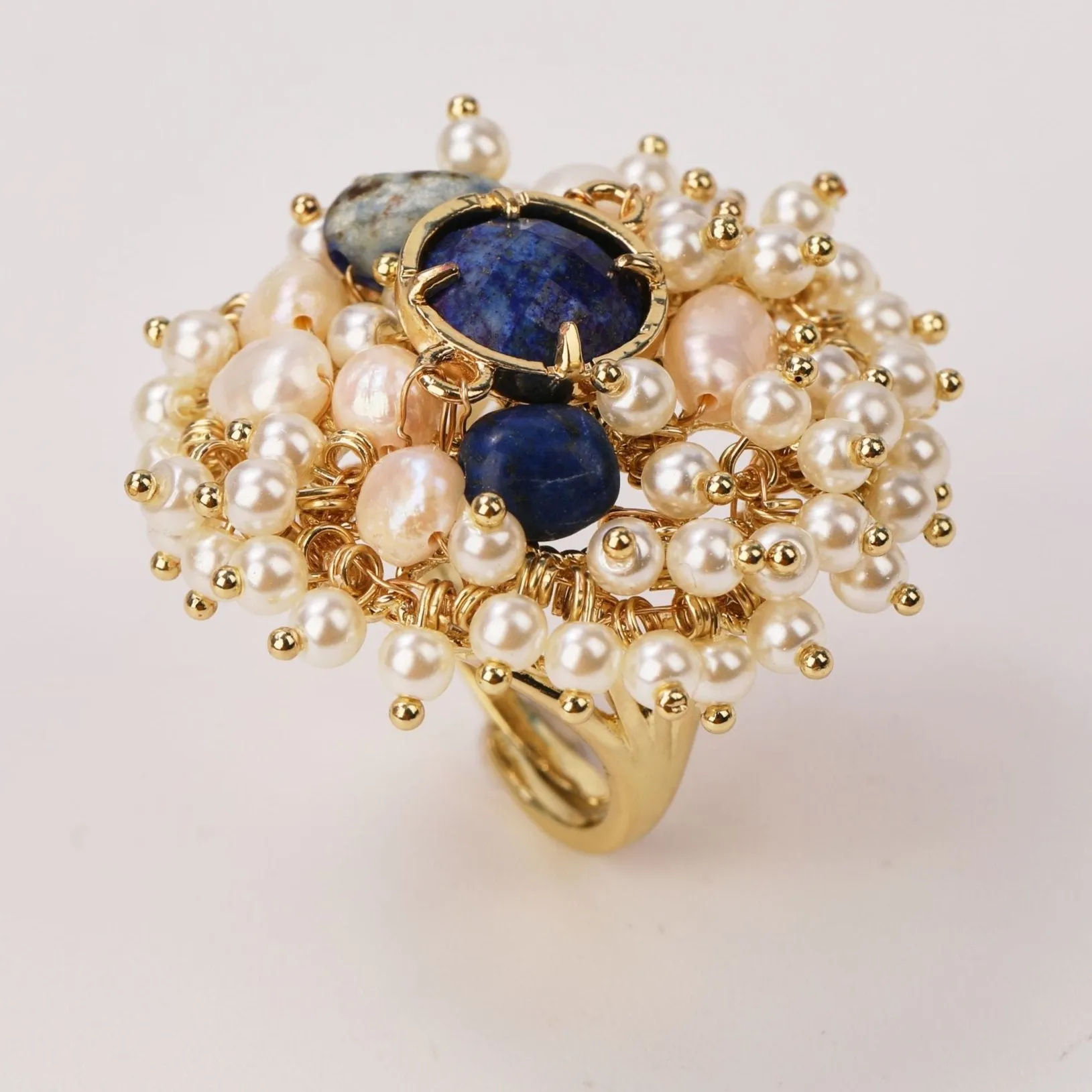 Natural Gemstone and Pearl Beads Ring