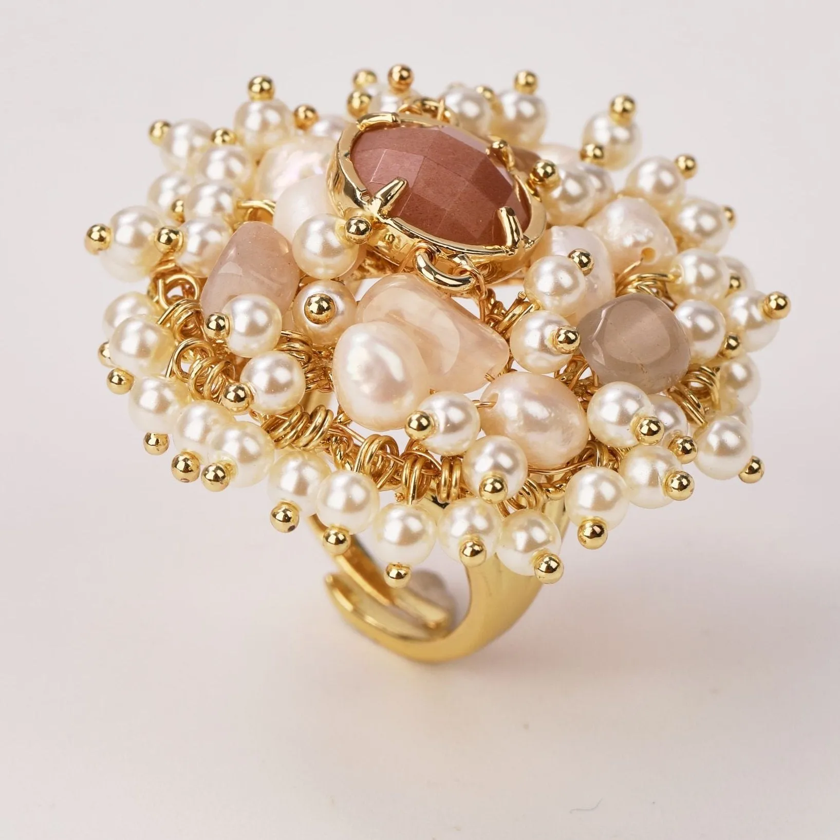 Natural Gemstone and Pearl Beads Ring