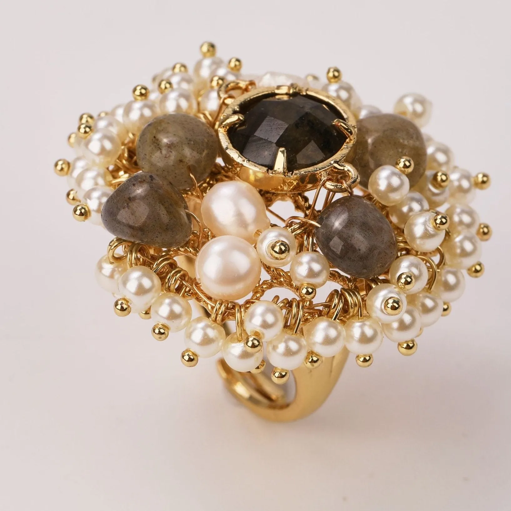 Natural Gemstone and Pearl Beads Ring