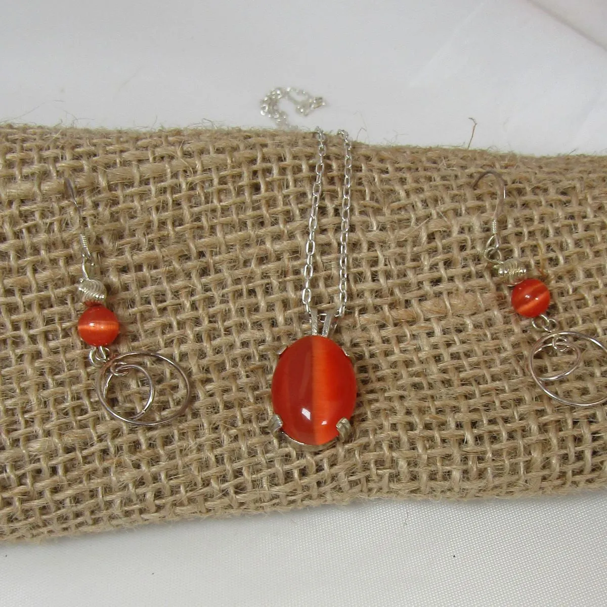 Orange Cat Eye Gemstone Necklace & Earrings