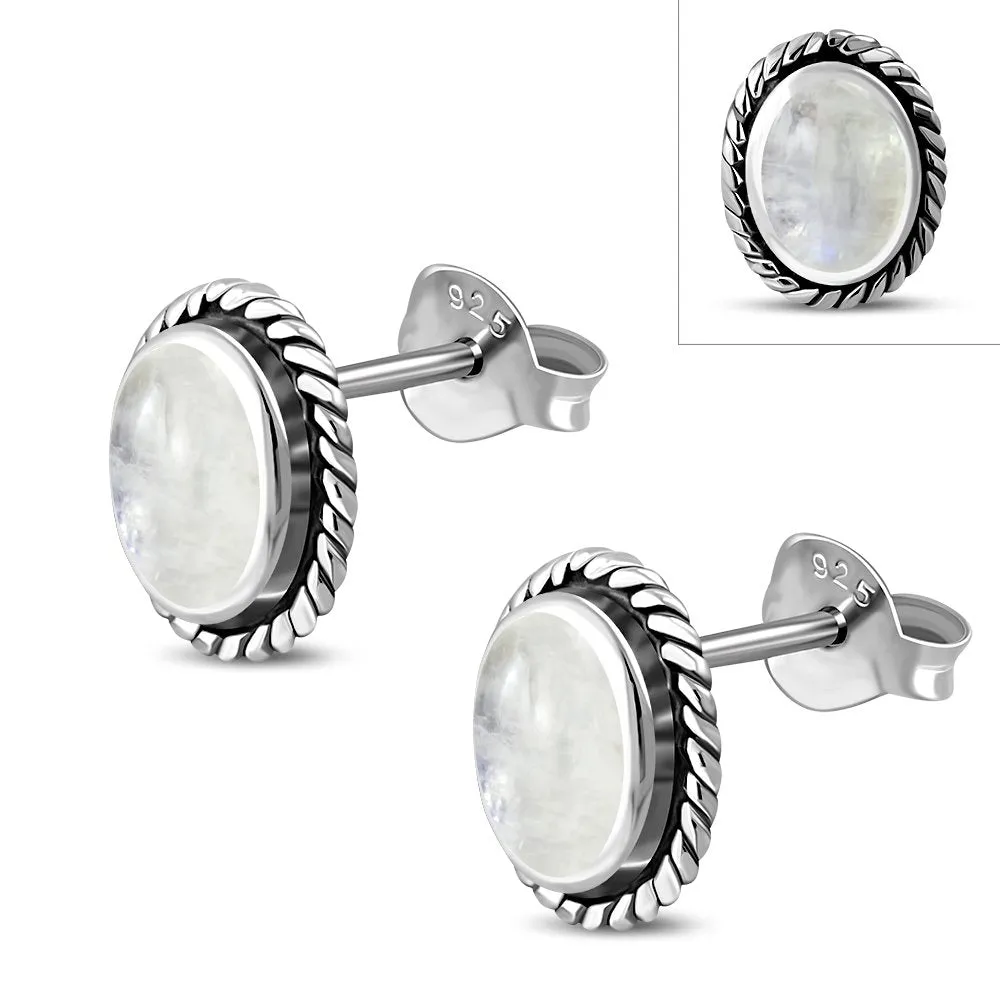 Oval Rainbow Moonstone Stud Silver Earrings