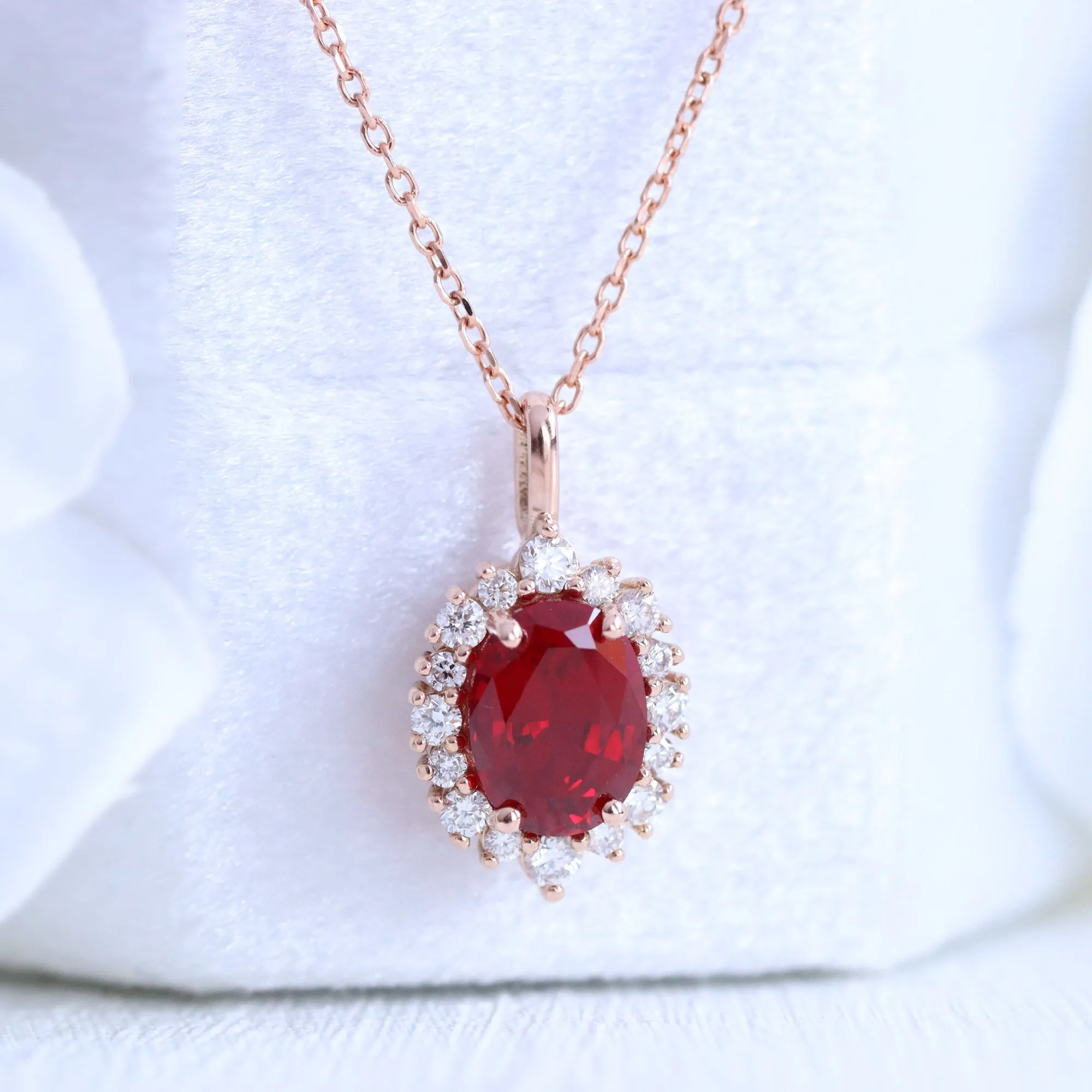 Oval Ruby Diamond Necklace in 14k Gold Tiara Halo Pendant Chain