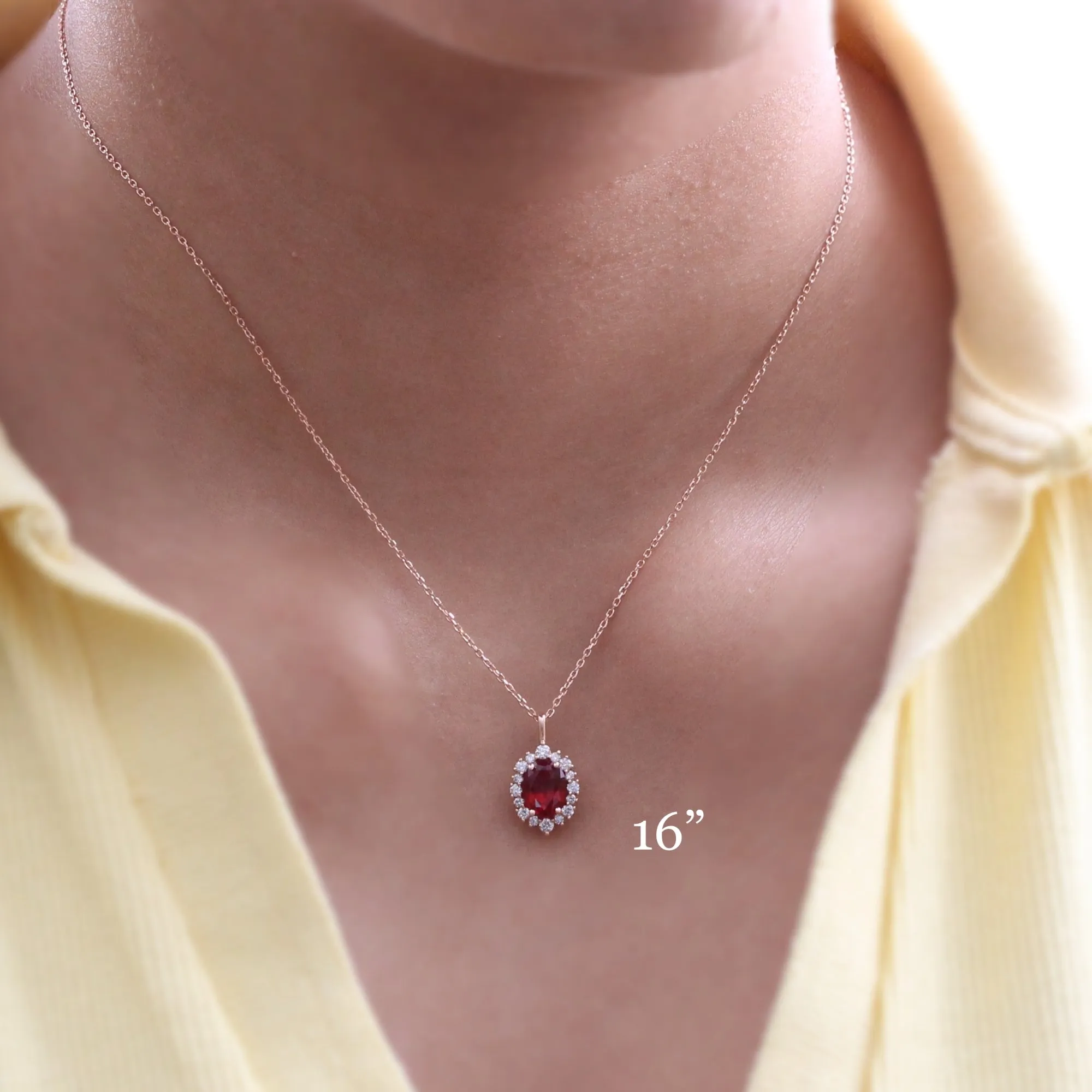 Oval Ruby Diamond Necklace in 14k Gold Tiara Halo Pendant Chain