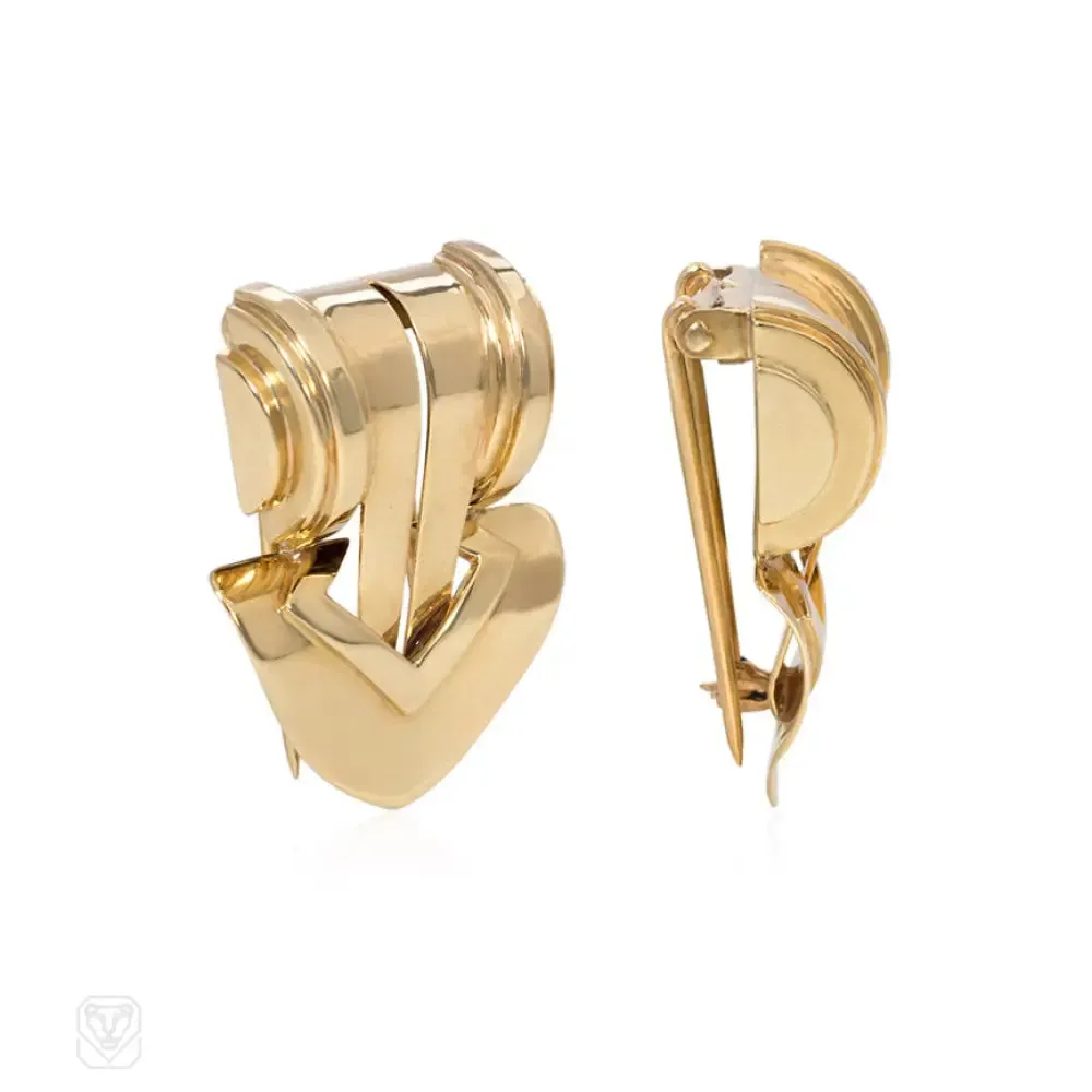 Pair of Retro gold clip brooches. Tiffany & Co.