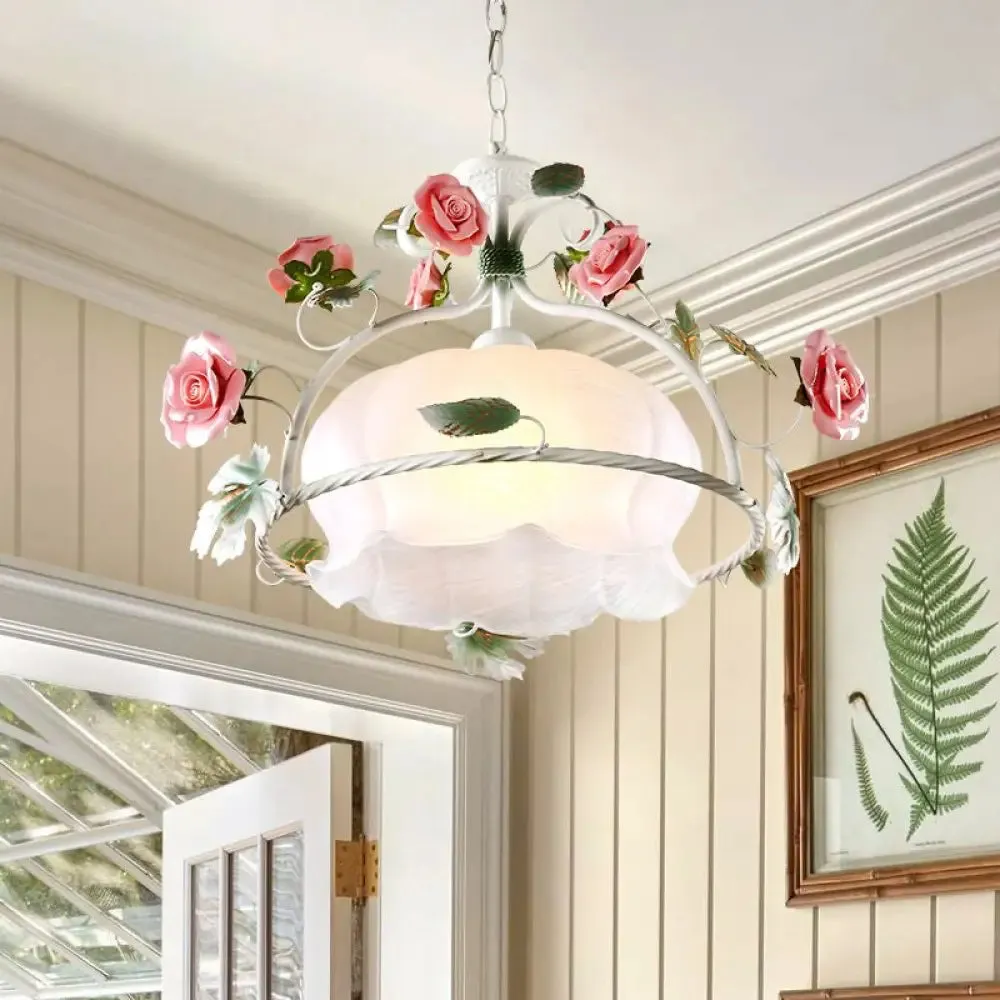 Pastoral Flower White Glass LED Pendant Light for Restaurants - Bulb Suspension Lamp