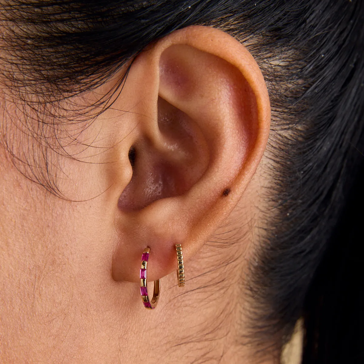 Pink Sapphire Baguette Hoops in Solid Gold