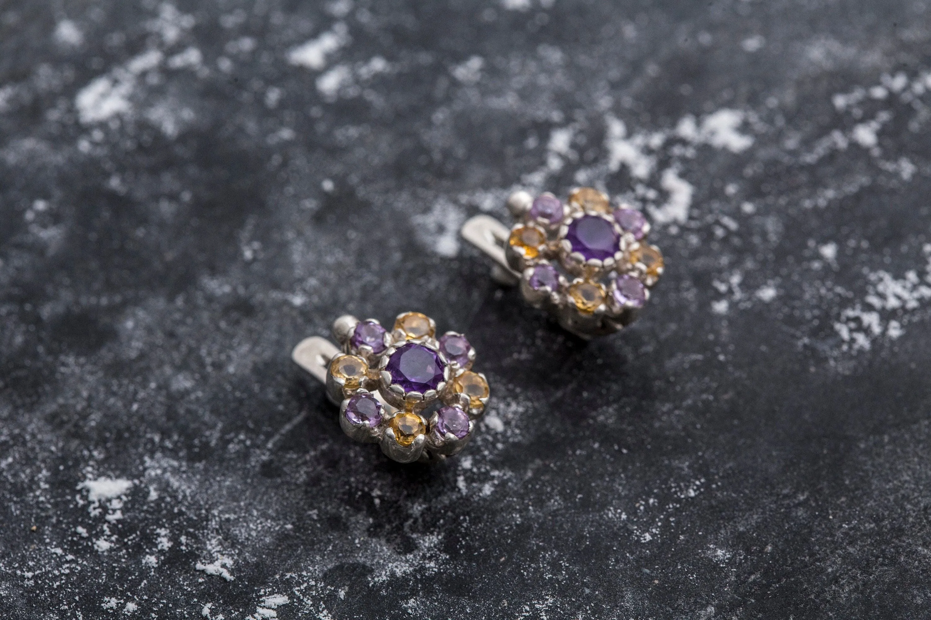 Purple Flower Earrings - Vintage Amethyst Earrings - Drop Citrine Earrings