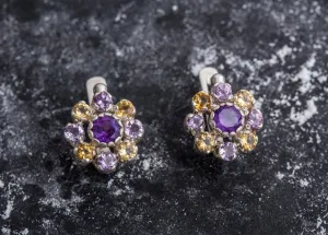 Purple Flower Earrings - Vintage Amethyst Earrings - Drop Citrine Earrings