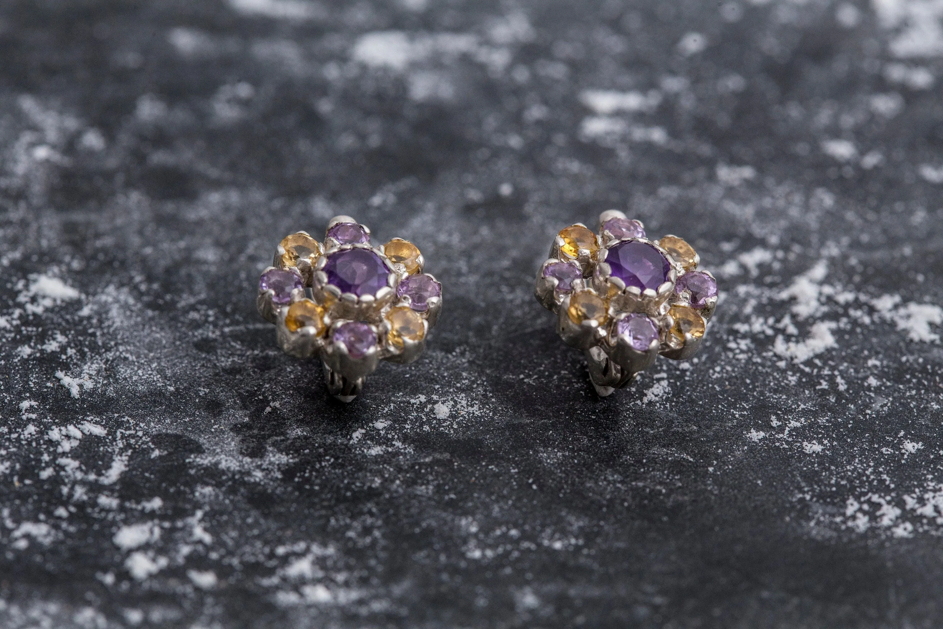 Purple Flower Earrings - Vintage Amethyst Earrings - Drop Citrine Earrings