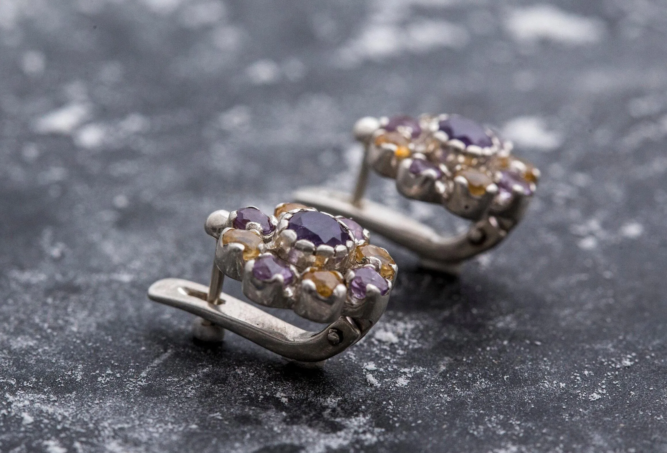 Purple Flower Earrings - Vintage Amethyst Earrings - Drop Citrine Earrings