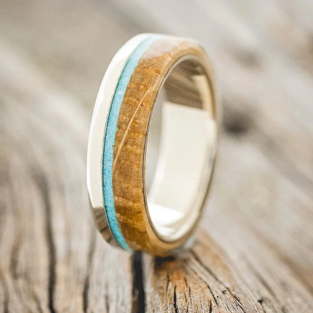 "EZRA" - TURQUOISE & WHISKEY BARREL OAK WEDDING RING - 14K WHITE GOLD(6MM) - SIZE 9 1/2