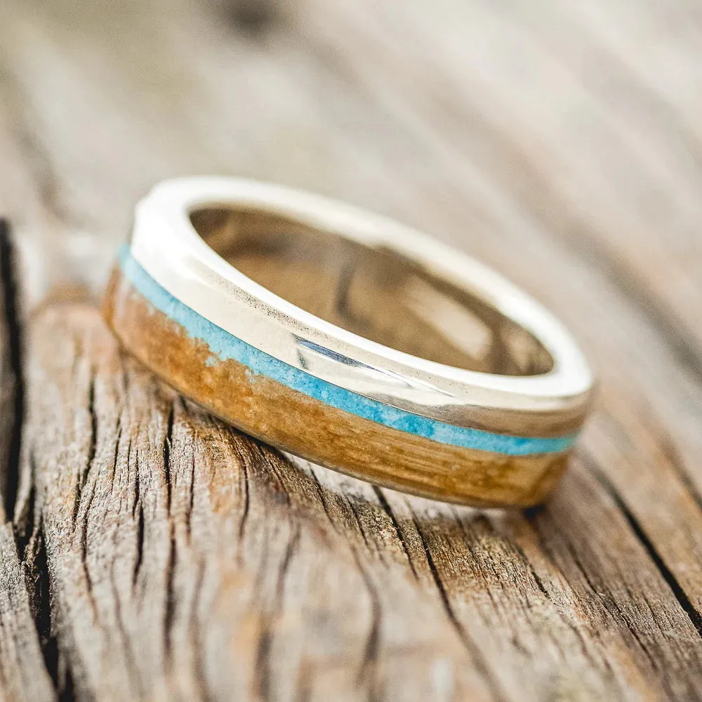 "EZRA" - TURQUOISE & WHISKEY BARREL OAK WEDDING RING - 14K WHITE GOLD(6MM) - SIZE 9 1/2