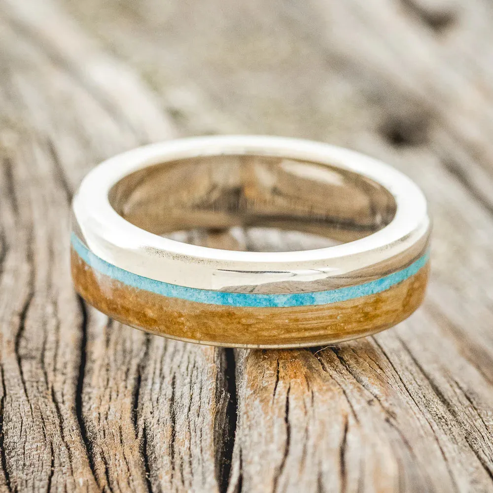 "EZRA" - TURQUOISE & WHISKEY BARREL OAK WEDDING RING - 14K WHITE GOLD(6MM) - SIZE 9 1/2