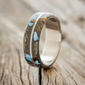 "GOLDEN" - BUCKEYE BURL WOOD & TURQUOISE WEDDING BAND WITH 14K GOLD INLAY - 14K WHITE GOLD - SIZE 5