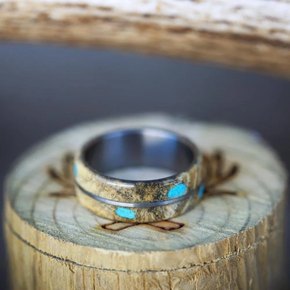 "GOLDEN" - BUCKEYE BURL WOOD & TURQUOISE WEDDING BAND WITH 14K GOLD INLAY - 14K WHITE GOLD - SIZE 5