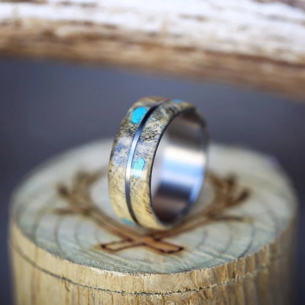 "GOLDEN" - BUCKEYE BURL WOOD & TURQUOISE WEDDING BAND WITH 14K GOLD INLAY - 14K WHITE GOLD - SIZE 5