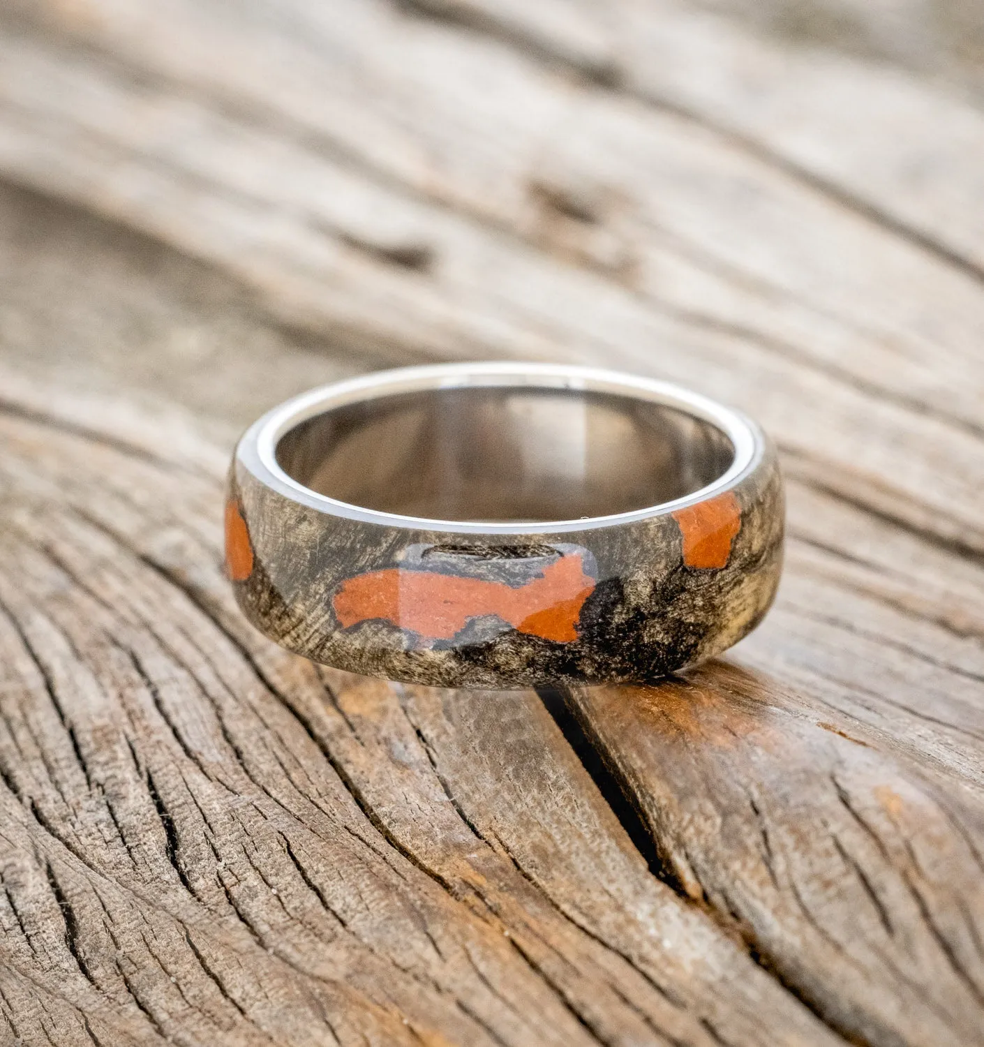 "HAVEN" - BUCKEYE BURL WOOD & JASPER WEDDING BAND - TITANIUM - SIZE 11 1/4