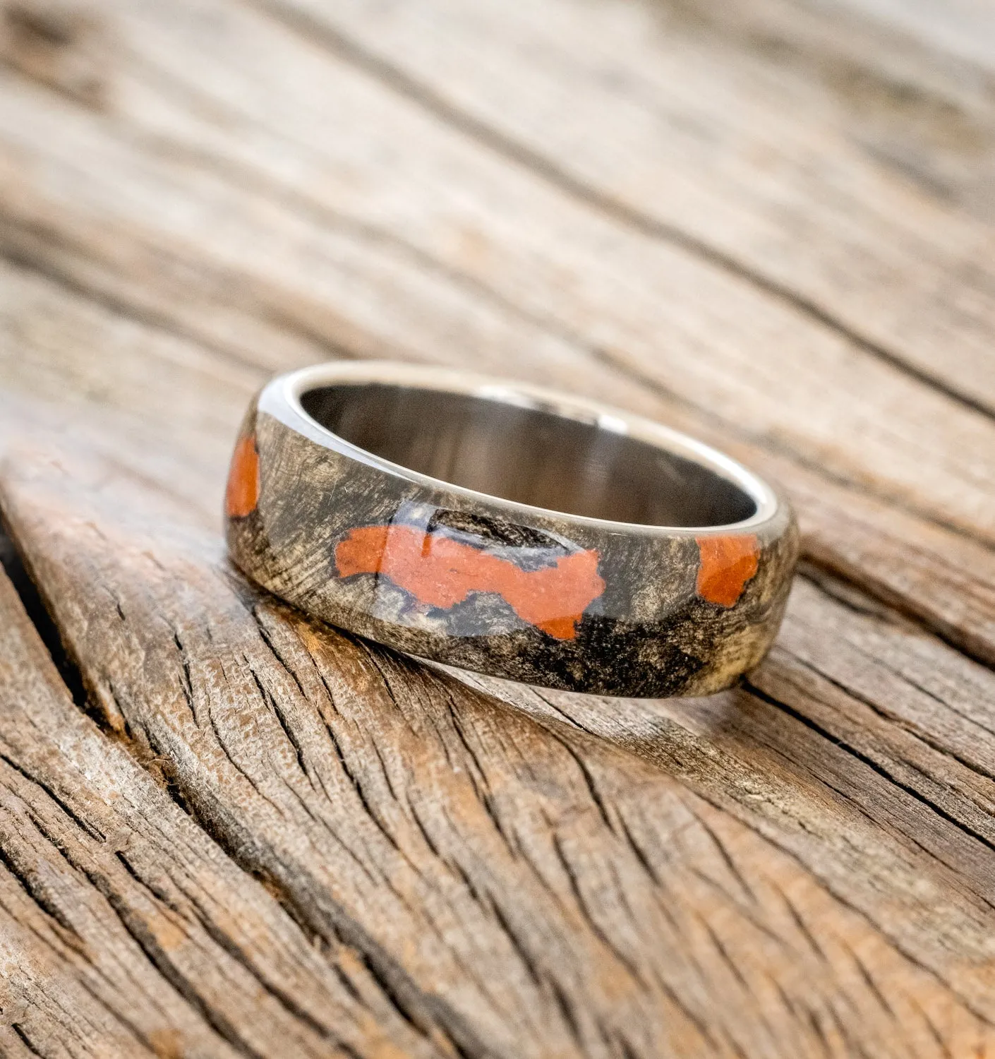 "HAVEN" - BUCKEYE BURL WOOD & JASPER WEDDING BAND - TITANIUM - SIZE 11 1/4