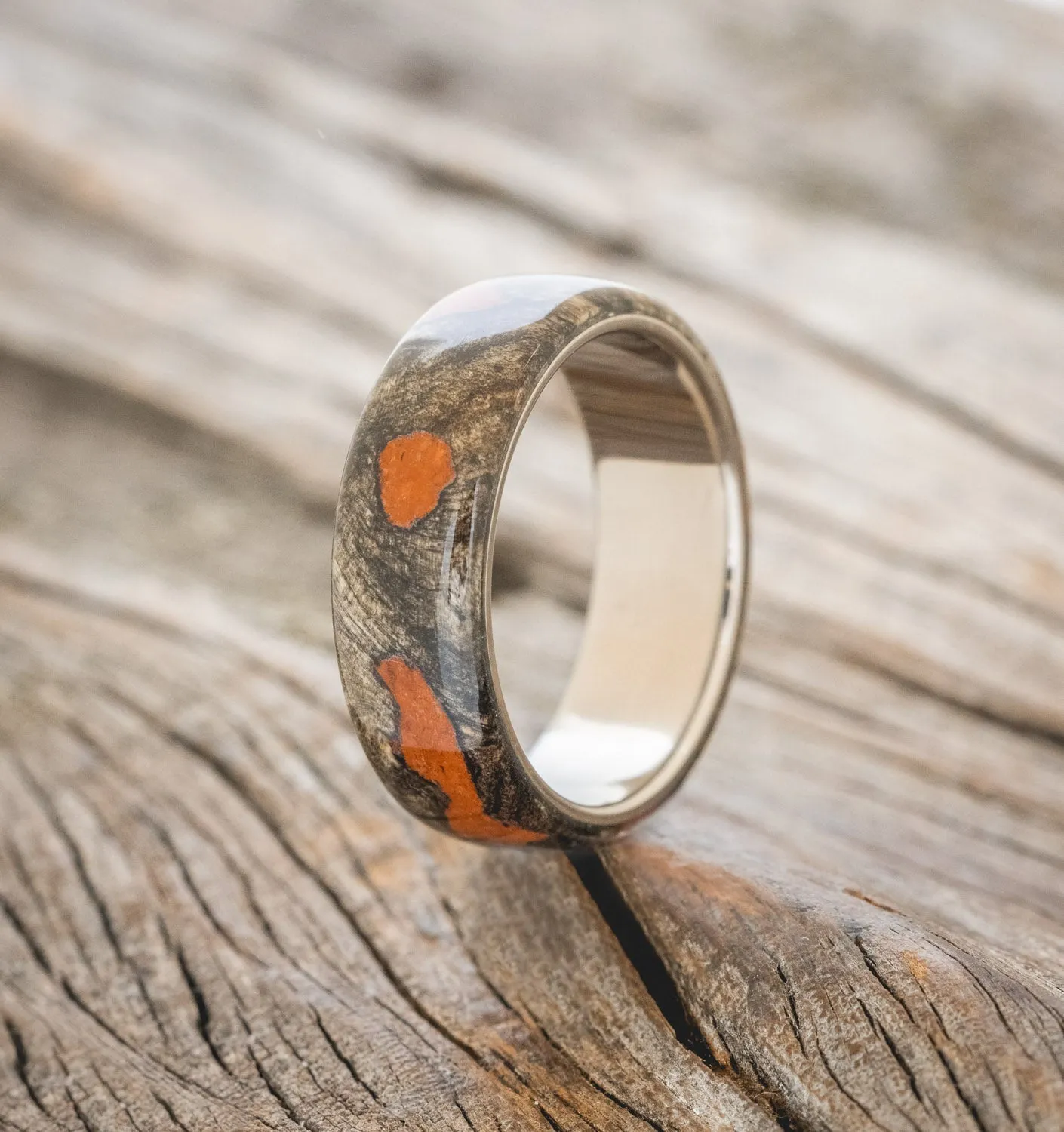 "HAVEN" - BUCKEYE BURL WOOD & JASPER WEDDING BAND - TITANIUM - SIZE 11 1/4