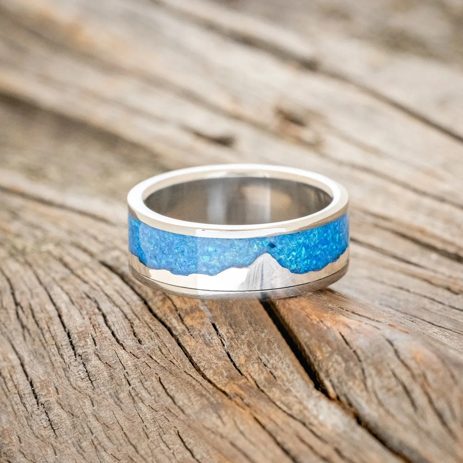 "HELIOS" - BLUE OPAL WITH SILVER MATTERHORN MOUNTAIN RANGE WEDDING BAND - TITANIUM - SIZE 10