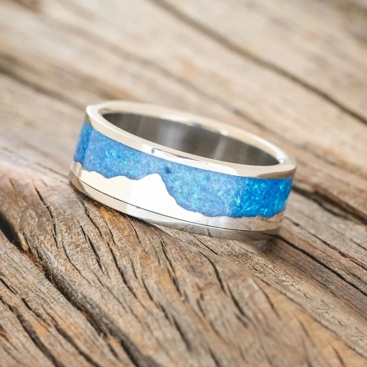 "HELIOS" - BLUE OPAL WITH SILVER MATTERHORN MOUNTAIN RANGE WEDDING BAND - TITANIUM - SIZE 10