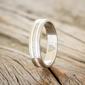 "HOLLIS" - ANTLER & 14K YELLOW GOLD INLAYS WEDDING RING WITH HAMMERED BAND - TITANIUM (6MM) - SIZE 13 1/2