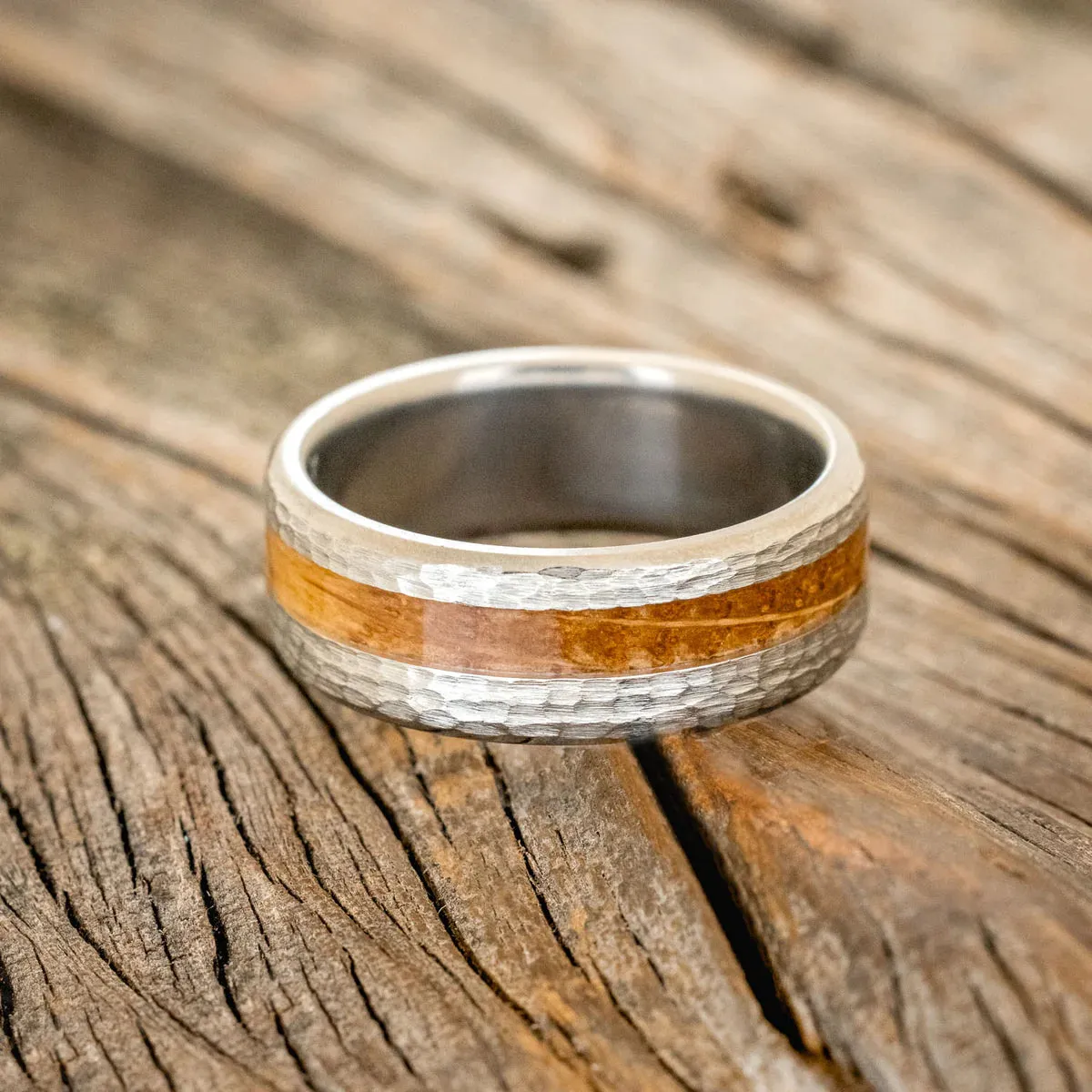 "NIRVANA" - CENTERED WHISKEY BARREL WEDDING RING WITH A HAMMERED FINISH - TITANIUM - SIZE 9 1/2