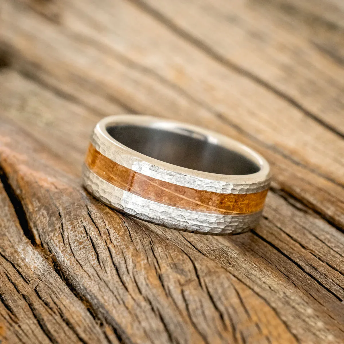 "NIRVANA" - CENTERED WHISKEY BARREL WEDDING RING WITH A HAMMERED FINISH - TITANIUM - SIZE 9 1/2