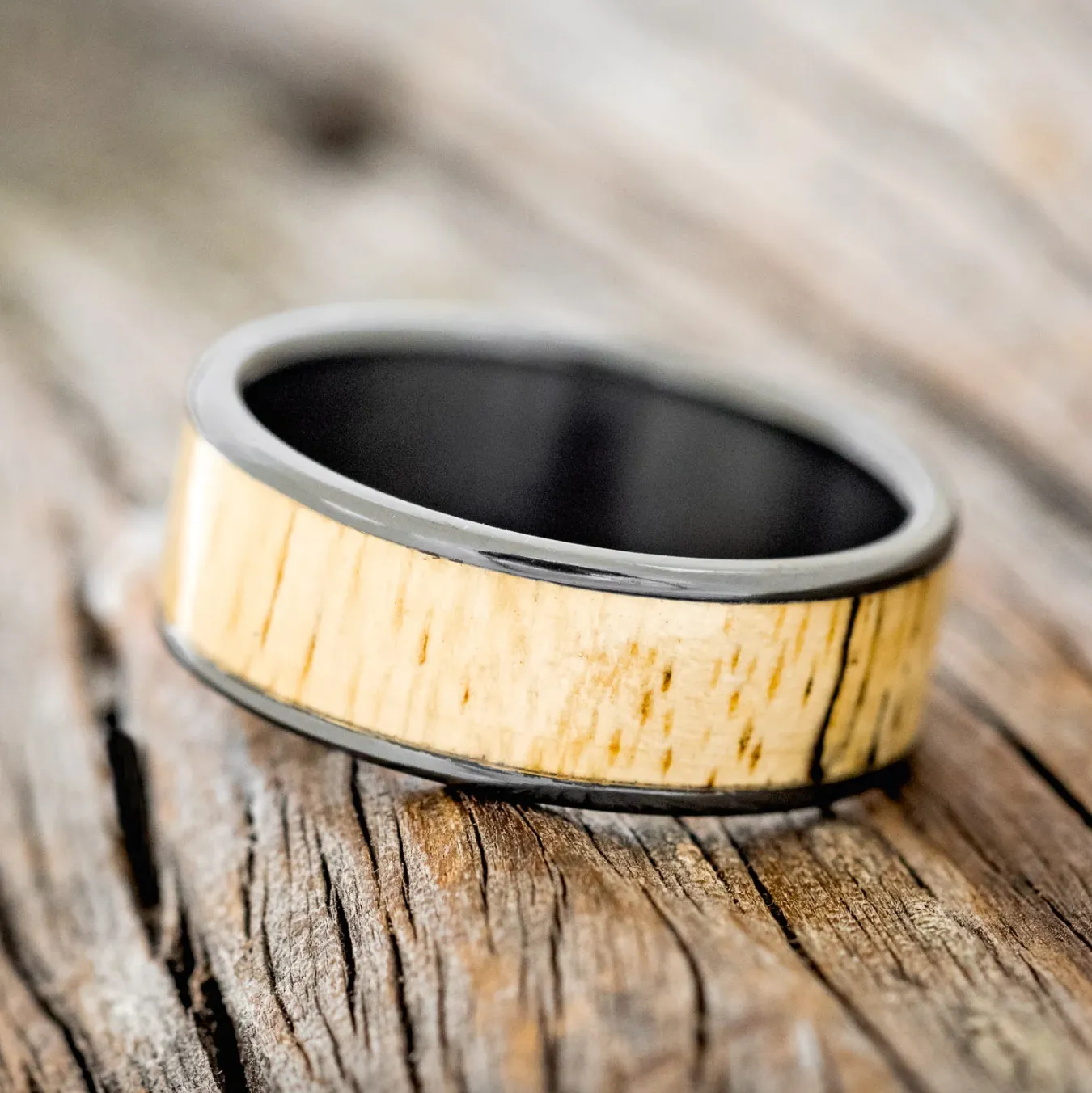 "RAINIER" - SPALTED MAPLE WOOD WEDDING BAND - BLACK ZIRCONIUM - SIZE 11 1/2