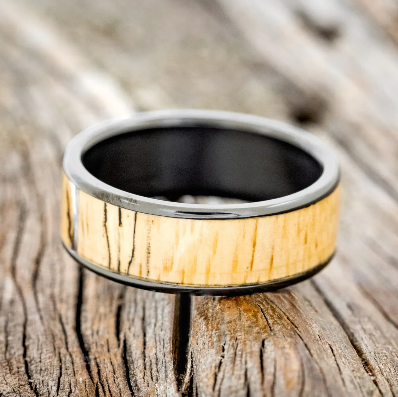 "RAINIER" - SPALTED MAPLE WOOD WEDDING BAND - BLACK ZIRCONIUM - SIZE 11 1/2