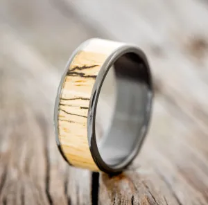 "RAINIER" - SPALTED MAPLE WOOD WEDDING BAND - BLACK ZIRCONIUM - SIZE 11 1/2