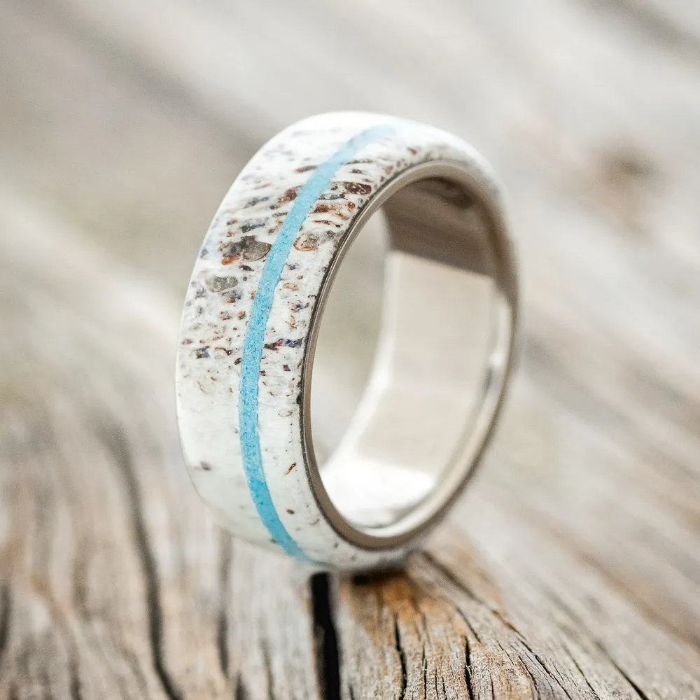 "REMMY" - ANTLER & TURQUOISE WEDDING RING - TITANIUM - SIZE 8