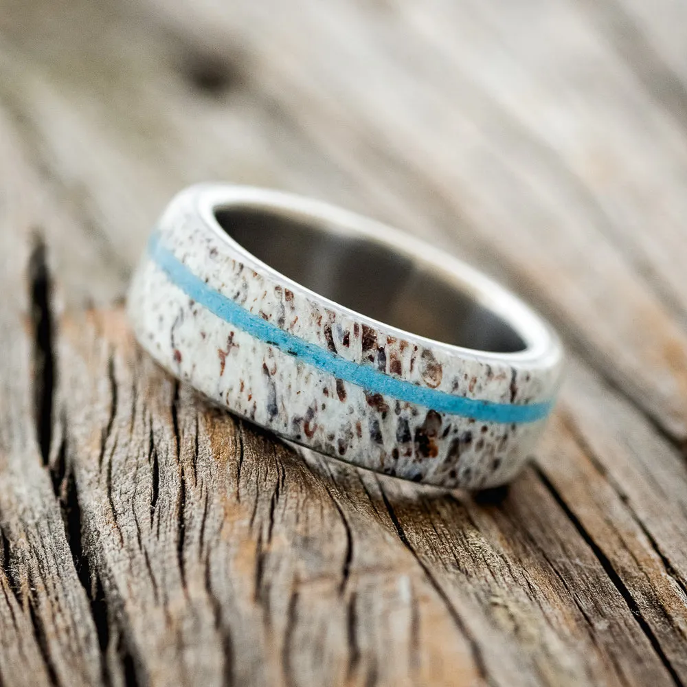 "REMMY" - ANTLER & TURQUOISE WEDDING RING - TITANIUM - SIZE 8