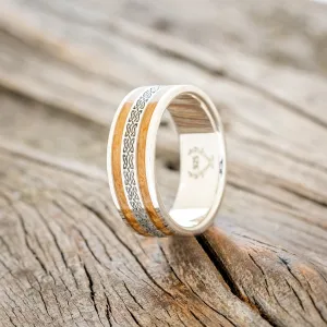 "RYDER" - CELTIC LOVE KNOT ENGRAVED & WHISKEY BARREL OAK WEDDING RING - SILVER - SIZE 9 3/4