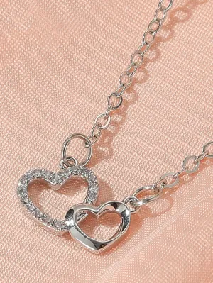 Rhinestone Double Heart Charm Necklace Jewelry for Women Gift for Her Necklace