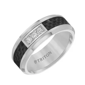 RIDLEY  Beveled Tungsten Carbide Wedding Band with Black Carbon Fiber Inlay and Three Channel Set Diamonds by Triton Rings - 8 mm