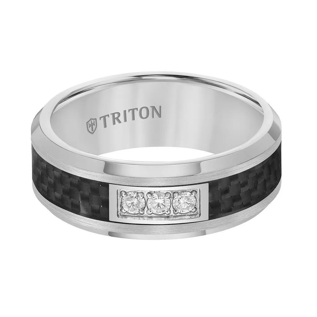 RIDLEY  Beveled Tungsten Carbide Wedding Band with Black Carbon Fiber Inlay and Three Channel Set Diamonds by Triton Rings - 8 mm