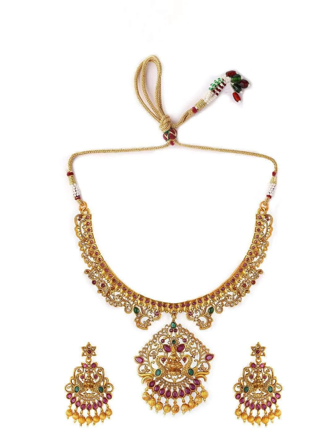 Rubans Gold Plated Color Stone Temple Necklace Set