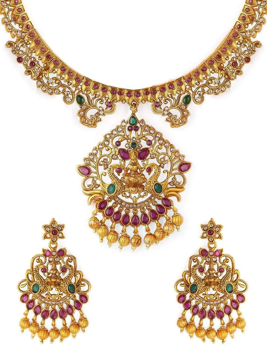 Rubans Gold Plated Color Stone Temple Necklace Set