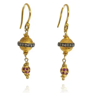 Ruby & Diamond Bali Style Dangle Earrings Shepards Hook 18K Yellow Gold E1683