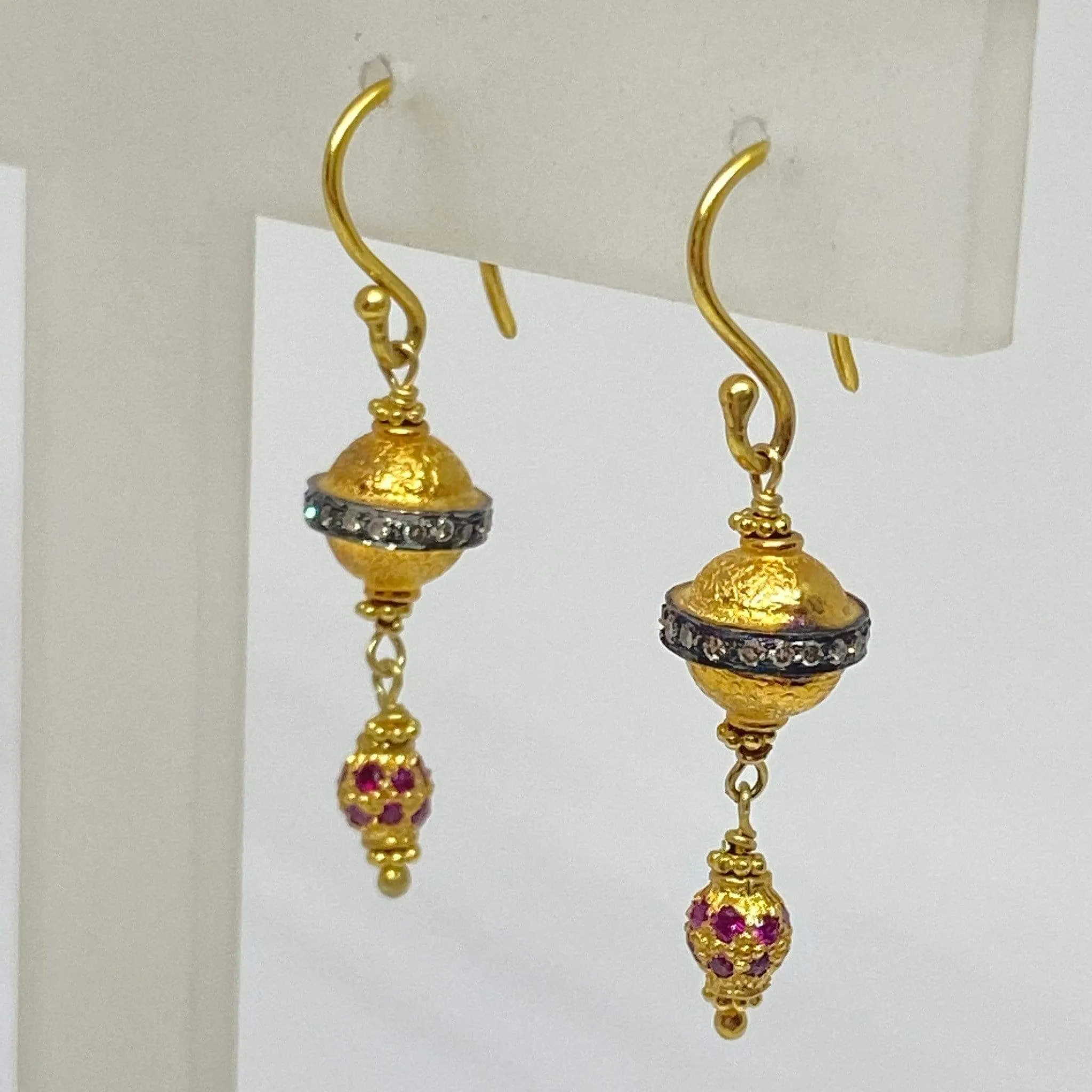 Ruby & Diamond Bali Style Dangle Earrings Shepards Hook 18K Yellow Gold E1683