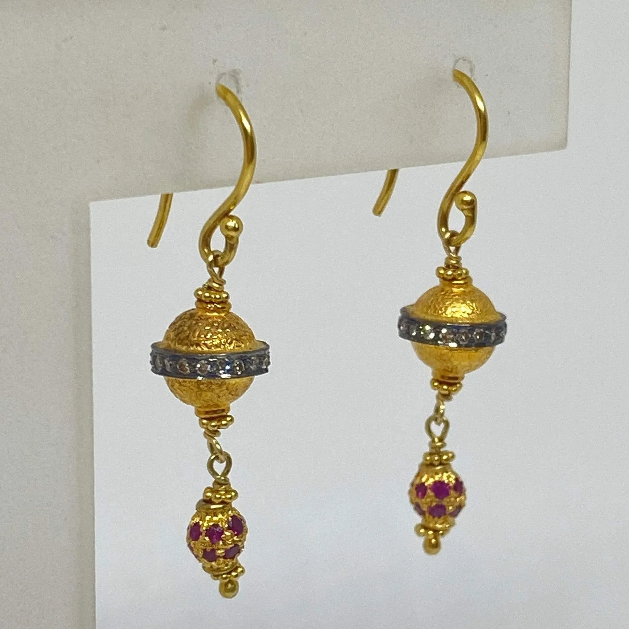 Ruby & Diamond Bali Style Dangle Earrings Shepards Hook 18K Yellow Gold E1683