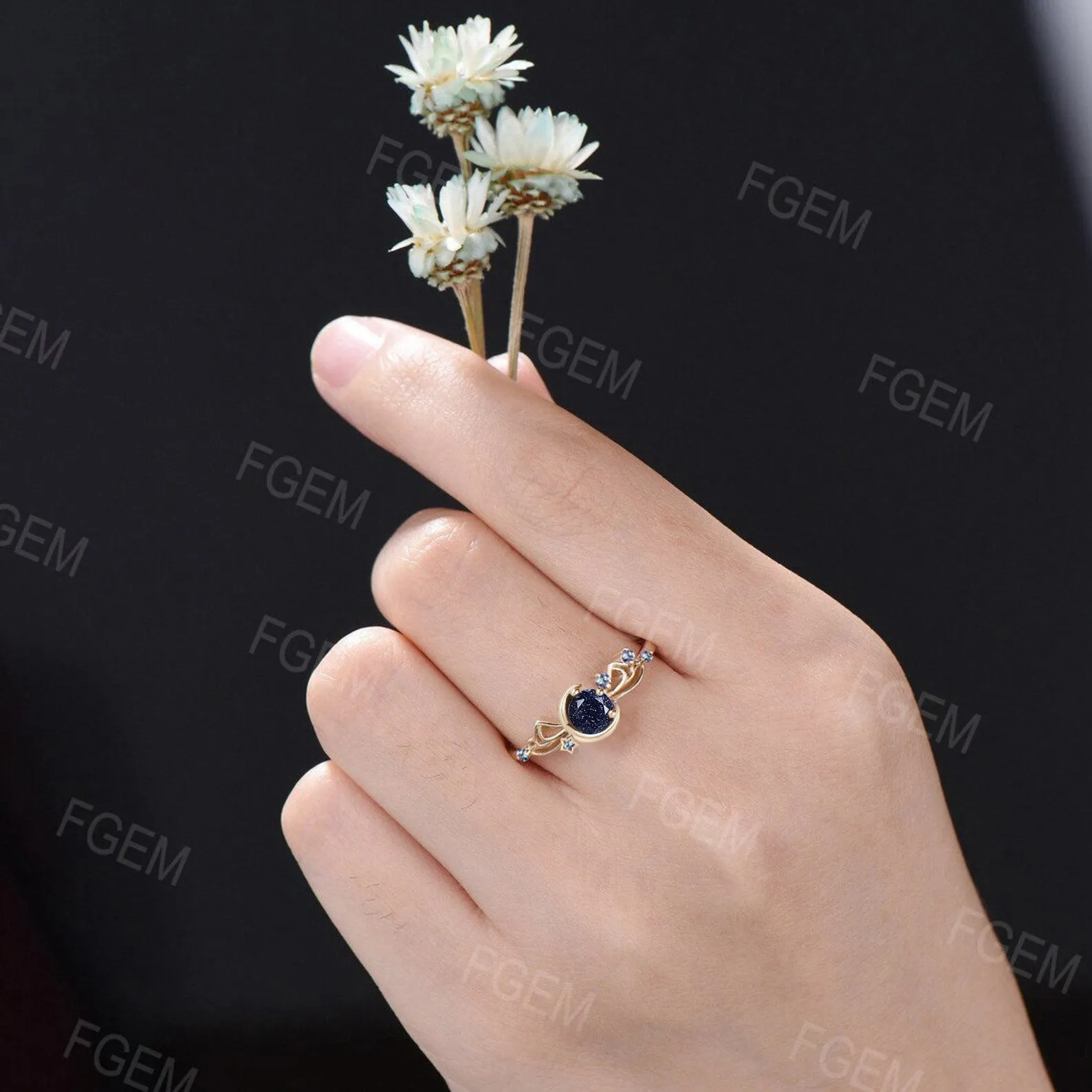 Sailor Moon Inspired Round Galaxy Blue Sandstone Engagement Rings 10K Yellow Gold Bowknot Cluster Alexandrite Crescent Moon Wedding Rings