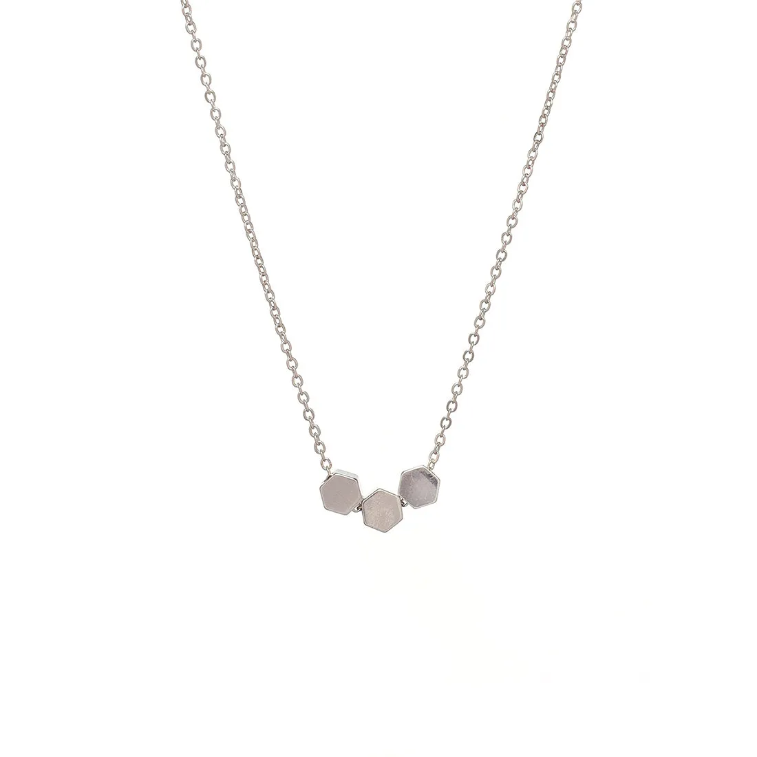 Single Layer Dainty Silver Necklace - 3 Solid Hexagon Pendants