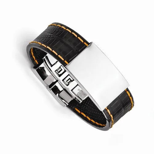 Stainless Steel Shiny Polished Plate Black with Orange Stitching Bracelet