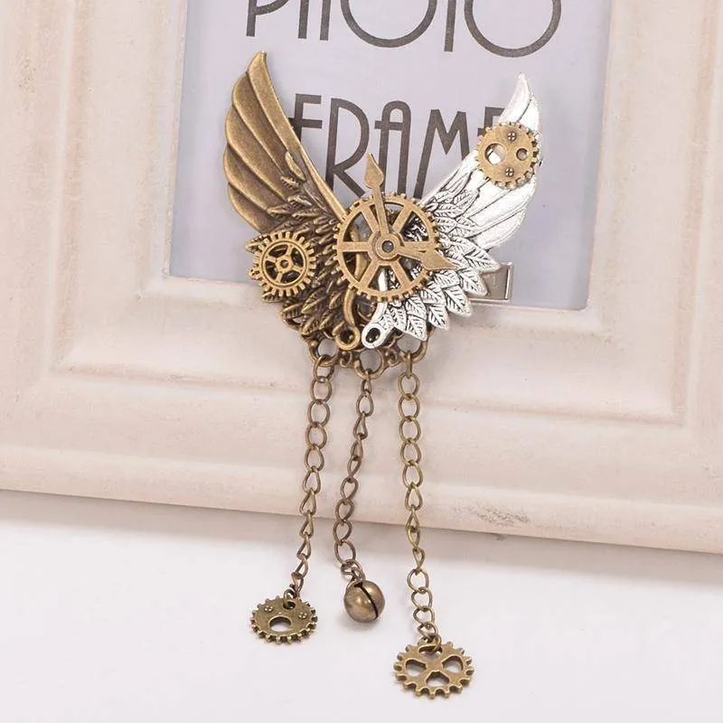 Steampunk Gear Wings Hair Clip women pin Gothic in Gold brass antique color