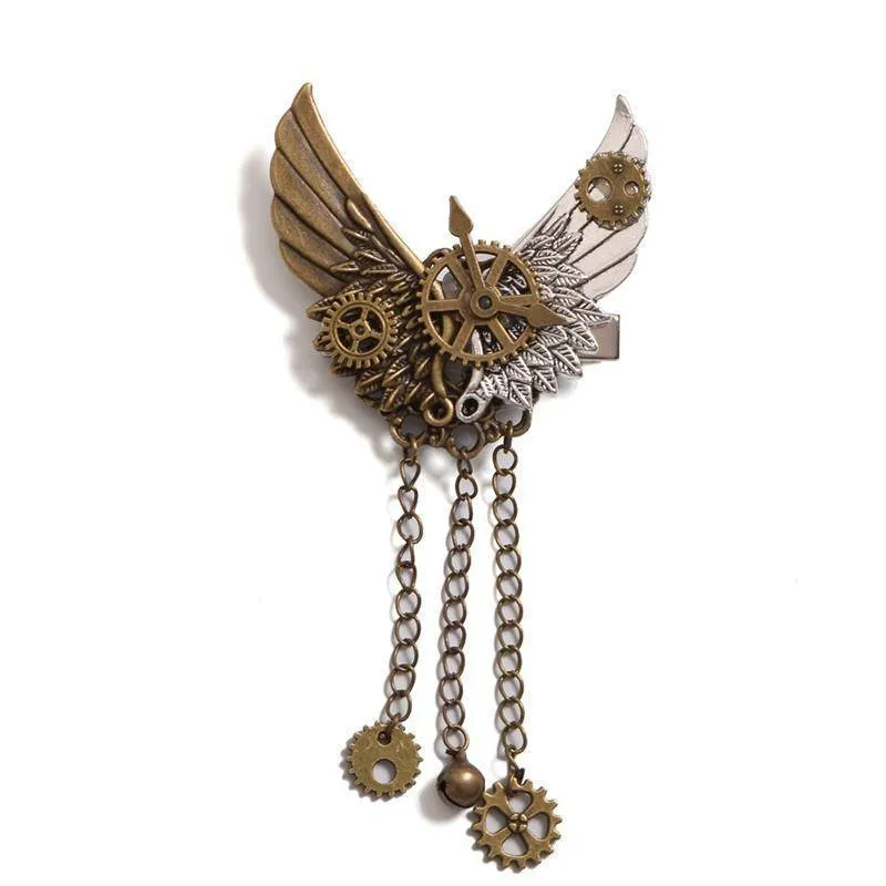 Steampunk Gear Wings Hair Clip women pin Gothic in Gold brass antique color